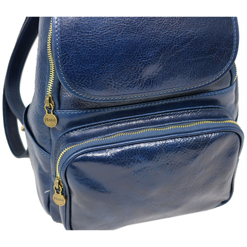 The Floto Livorno leather backpack is a wommen's fashion pack that is handcrafted in Italy. This is the Livorno Backpack in Blue. Pocket view.